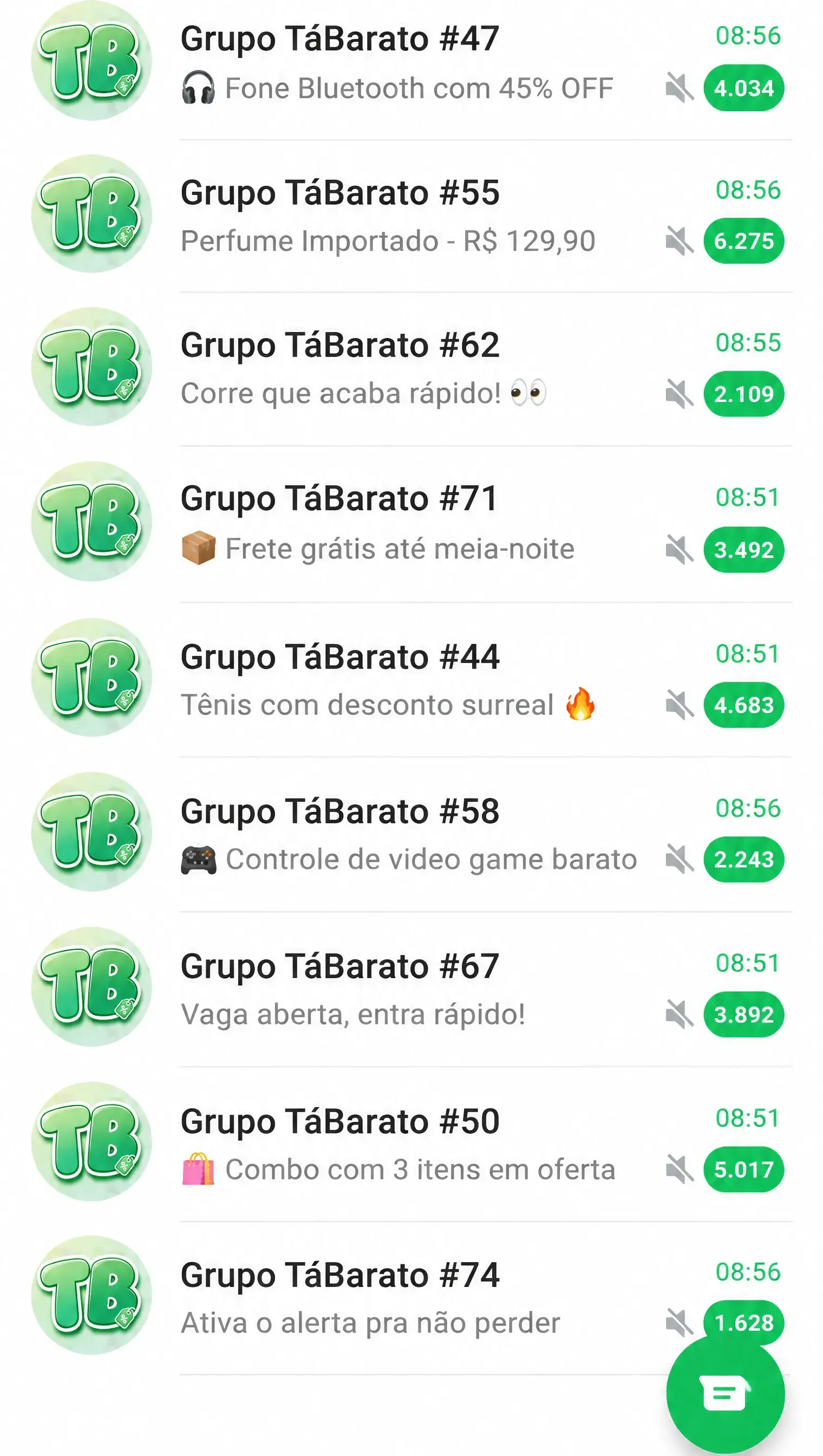 Vários grupos TáBarato ativos, cada um com milhares de membros